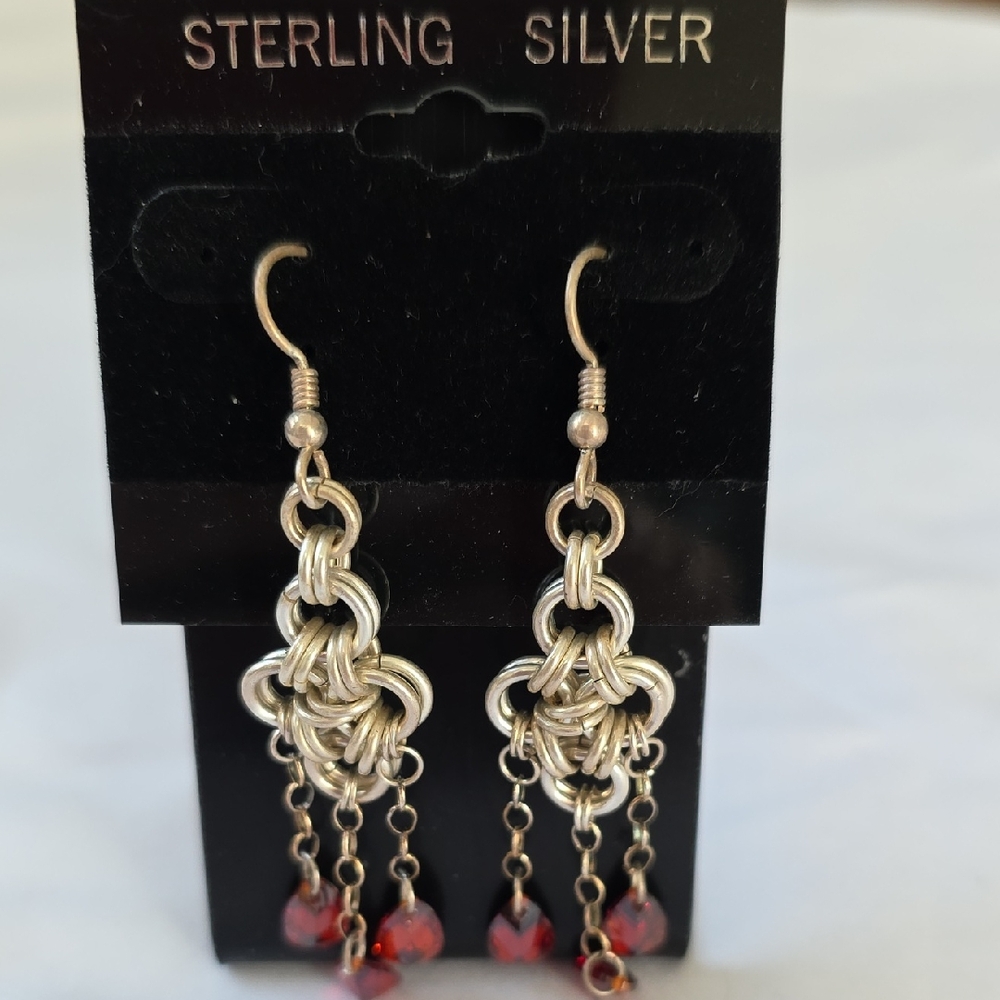SALE Elegant Sterling Silver and Red Dangle Earrings